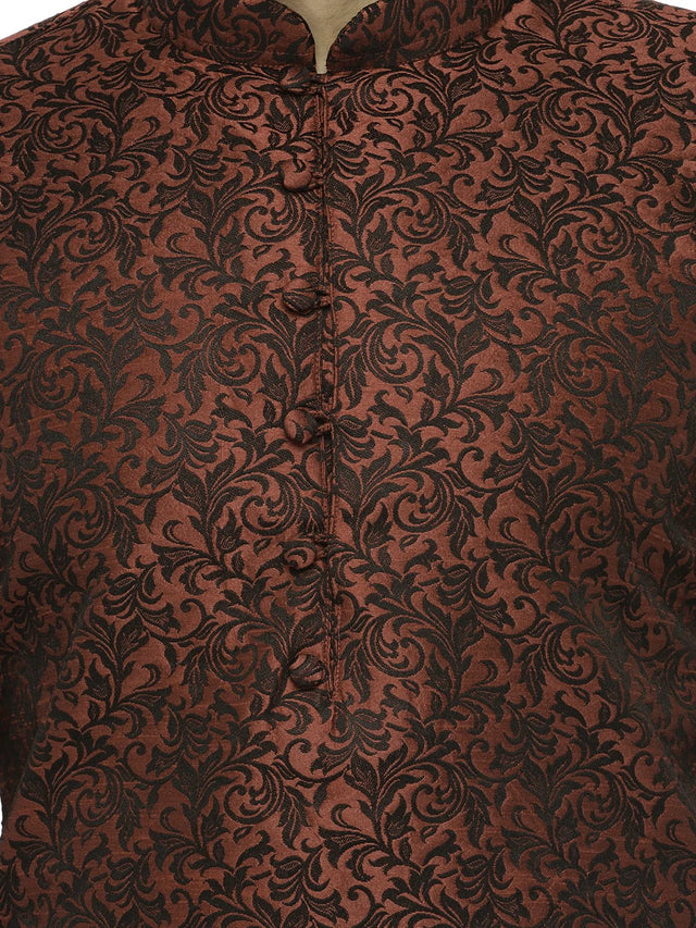 Men's Maroon Jacquard Silk Woven Design Kurta Set
