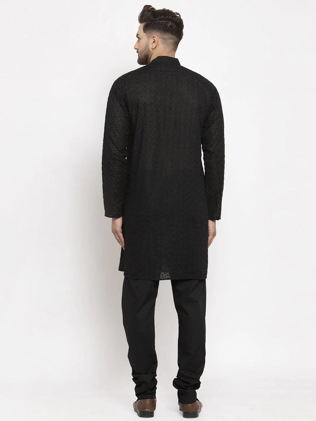 Men's Black Cotton Embroidered Kurta Top