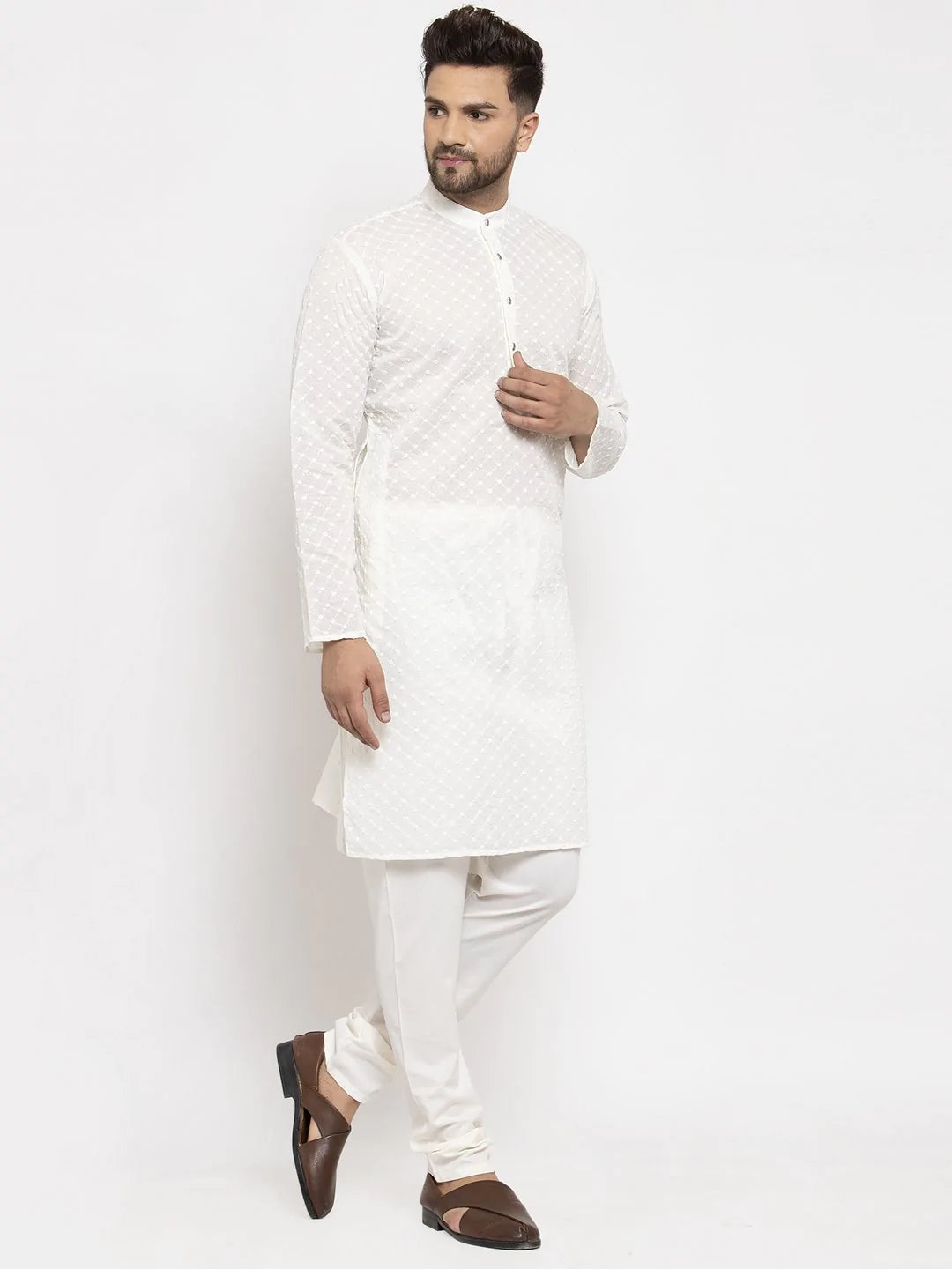 Men's Cream Cotton Embroidered Kurta Top