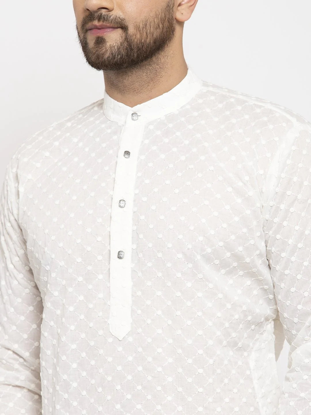 Men's Cream Cotton Embroidered Kurta Top