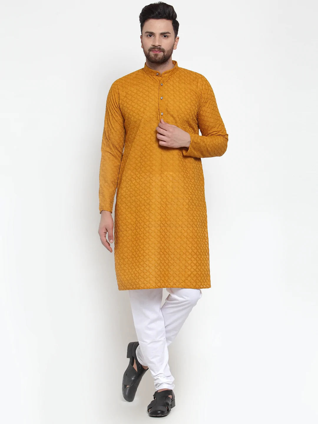 Men's Mustard Cotton Embroidered Kurta Set