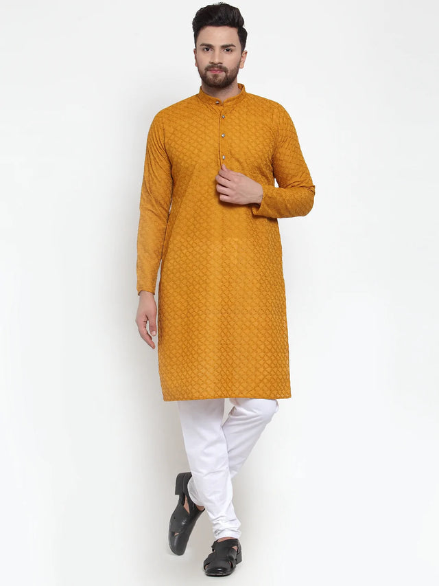 Men's Mustard Cotton Embroidered Kurta Set