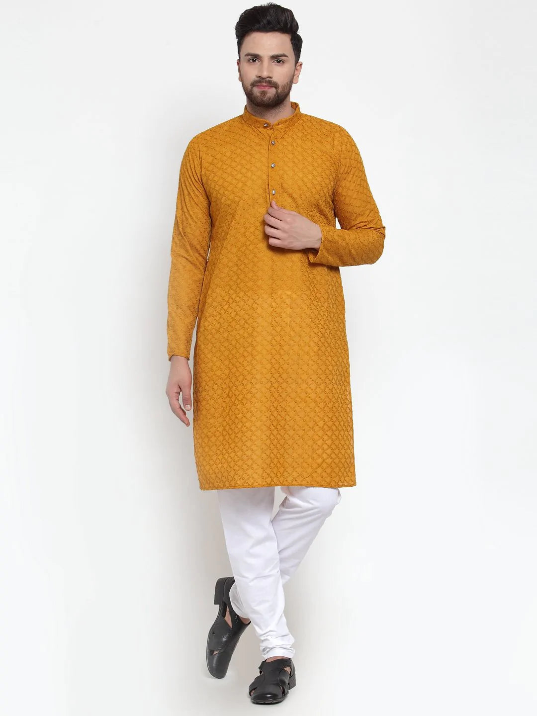 Men's Mustard Cotton Embroidered Kurta Top