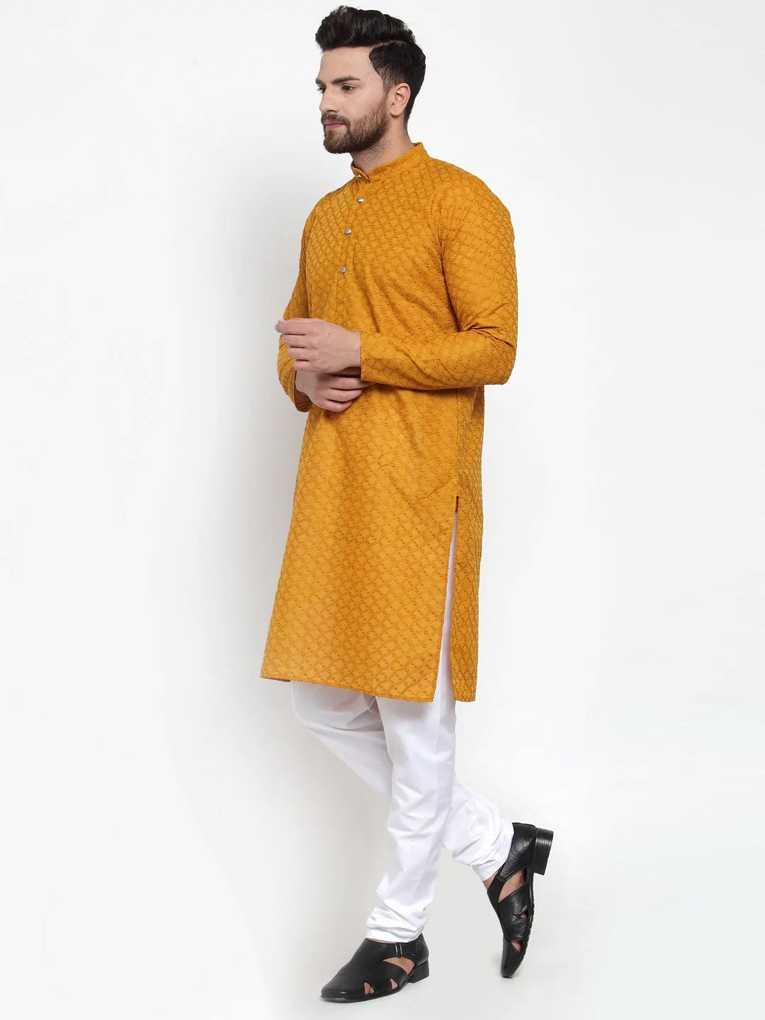 Men's Mustard Cotton Embroidered Kurta Top