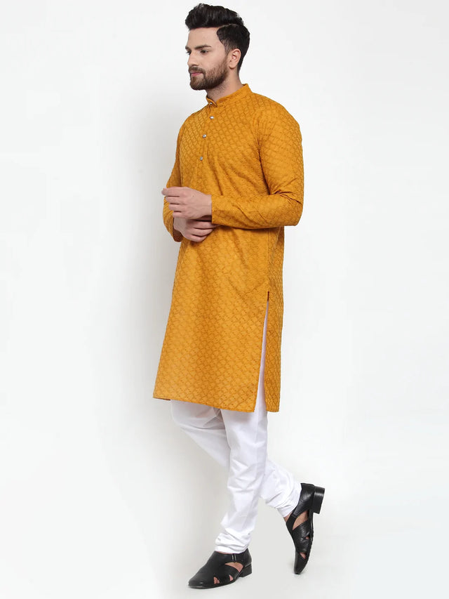Men's Mustard Cotton Embroidered Kurta Set