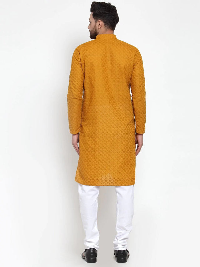 Men's Mustard Cotton Embroidered Kurta Top