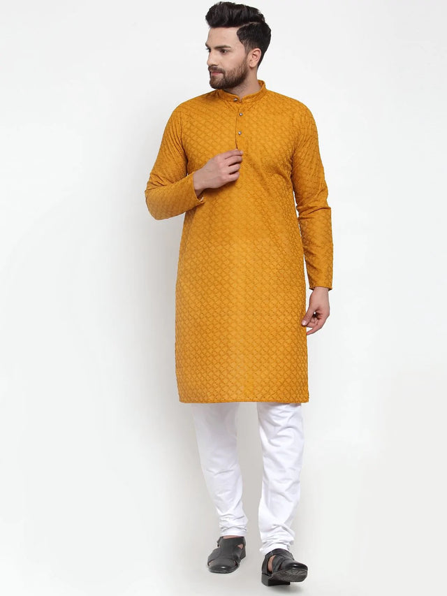 Men's Mustard Cotton Embroidered Kurta Top