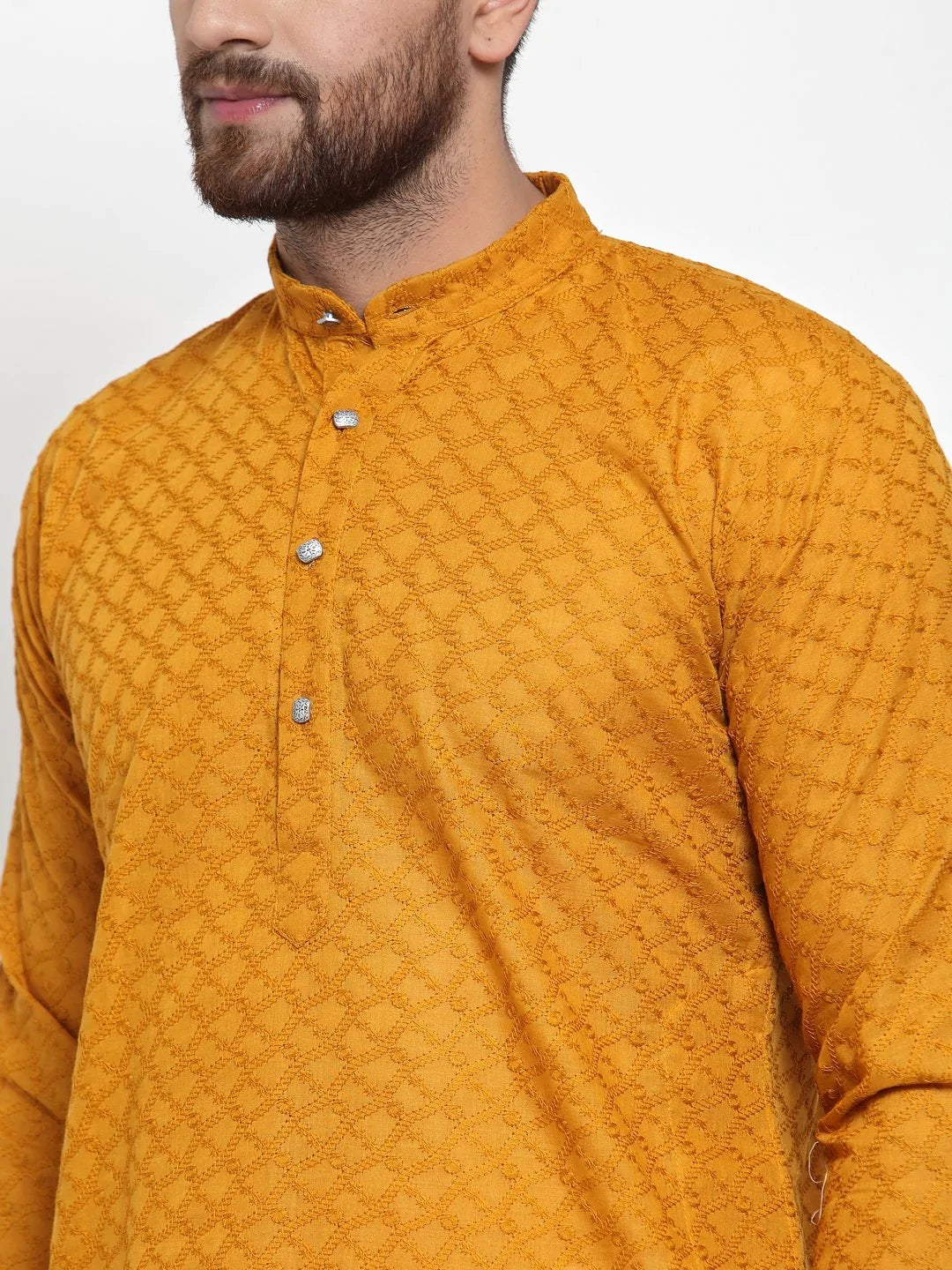 Men's Mustard Cotton Embroidered Kurta Top