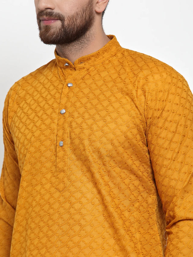Men's Mustard Cotton Embroidered Kurta Set
