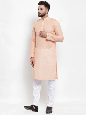 Men's Orange Cotton Embroidered Kurta Set (JOKP_561Orange)