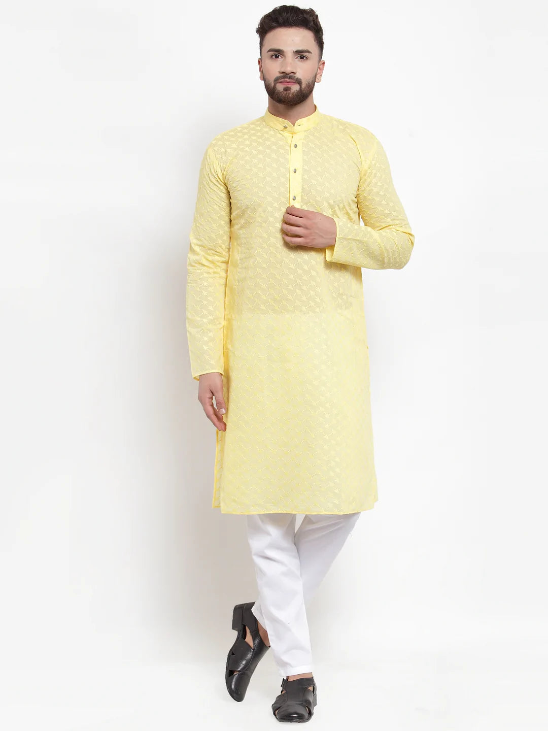 Men's Yellow Cotton Embroidered Kurta Set (JOKP_561Yellow)