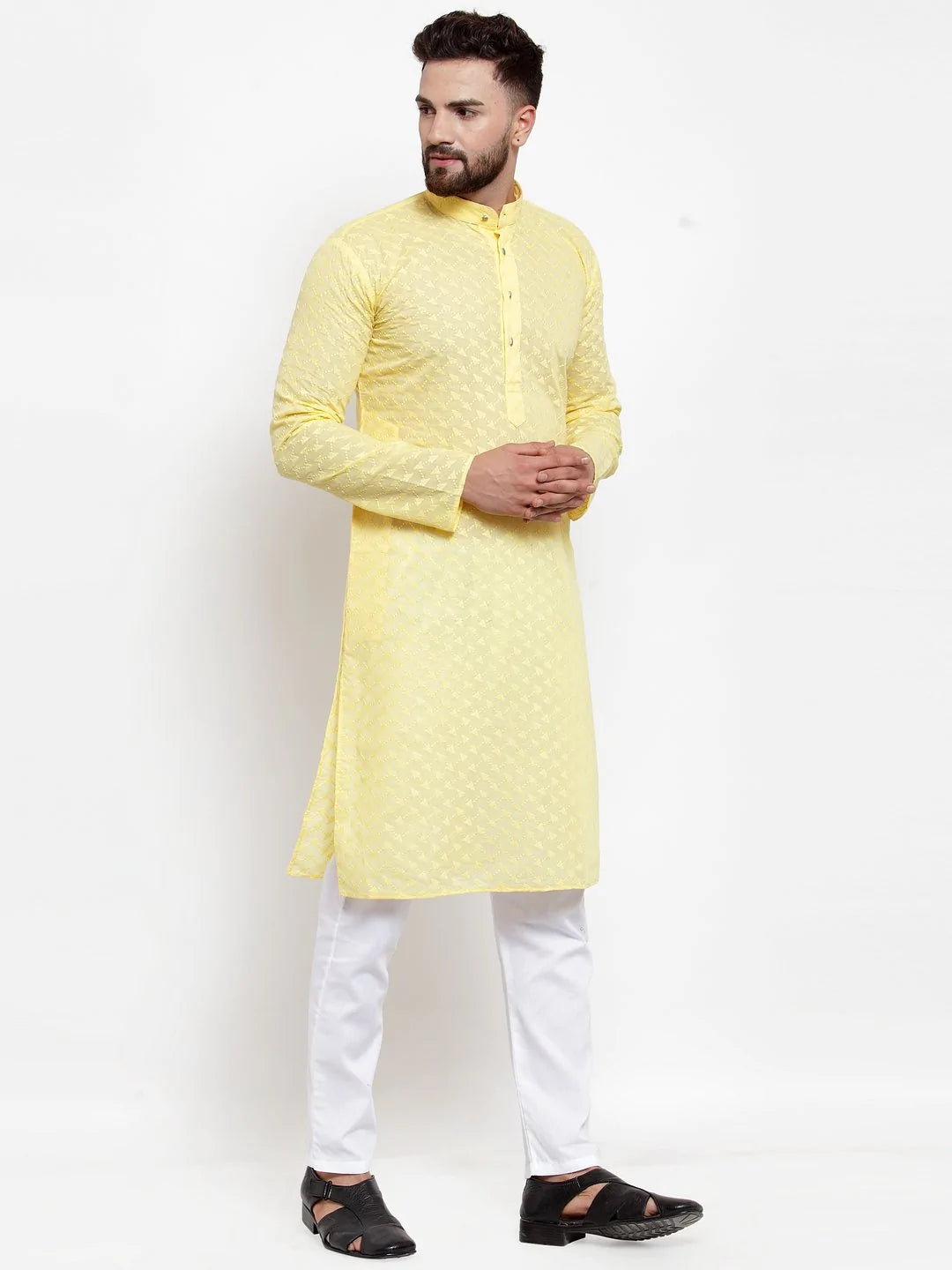 Men's Yellow Cotton Embroidered Kurta Top (KO_561Yellow)