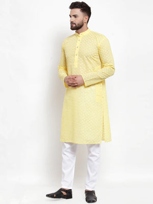 Men's Yellow Cotton Embroidered Kurta Set (JOKP_561Yellow)