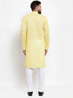 Men's Yellow Cotton Embroidered Kurta Set (JOKP_561Yellow)