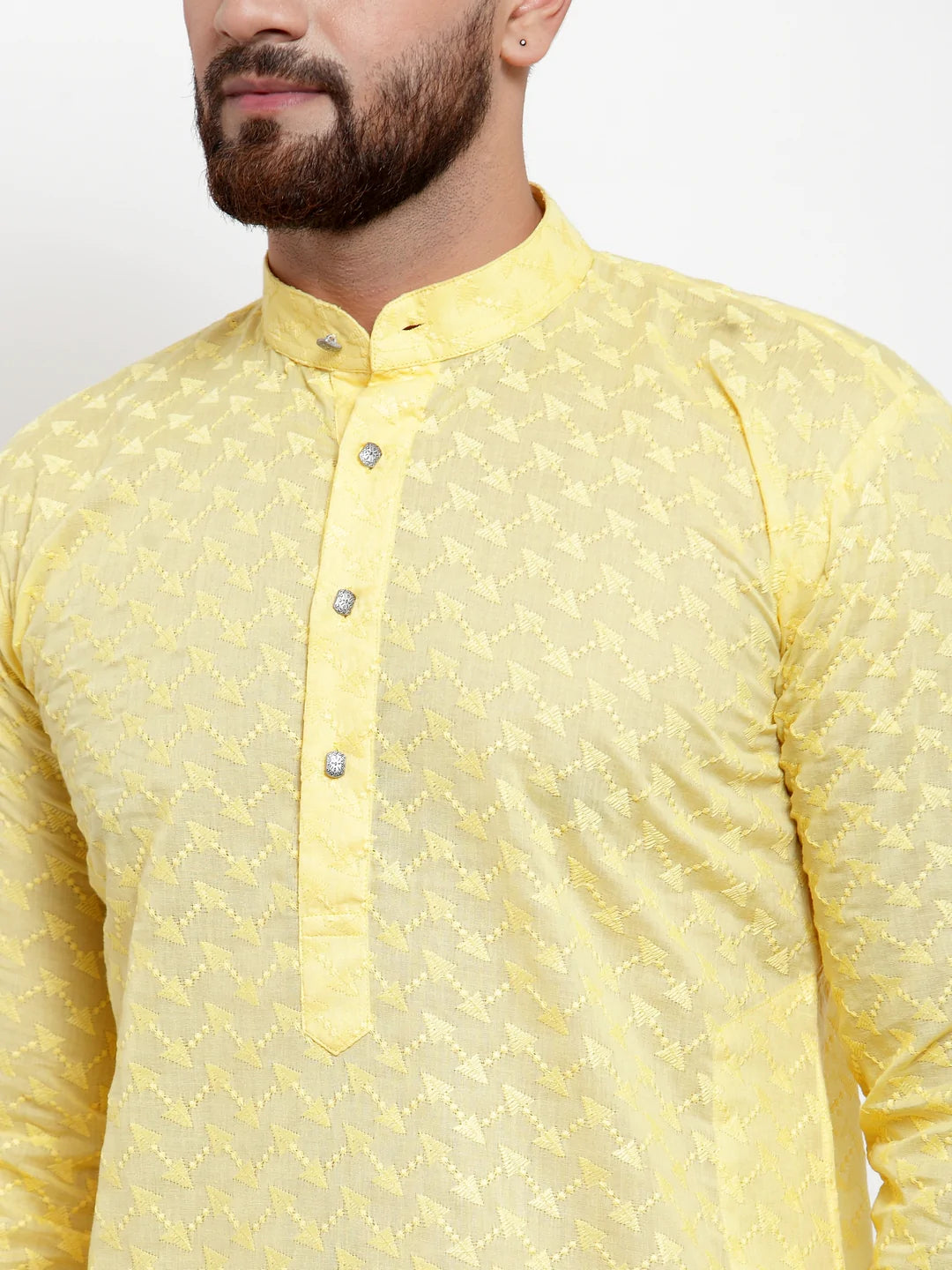 Men's Yellow Cotton Embroidered Kurta Set (JOKP_561Yellow)
