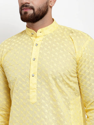 Men's Yellow Cotton Embroidered Kurta Set (JOKP_561Yellow)