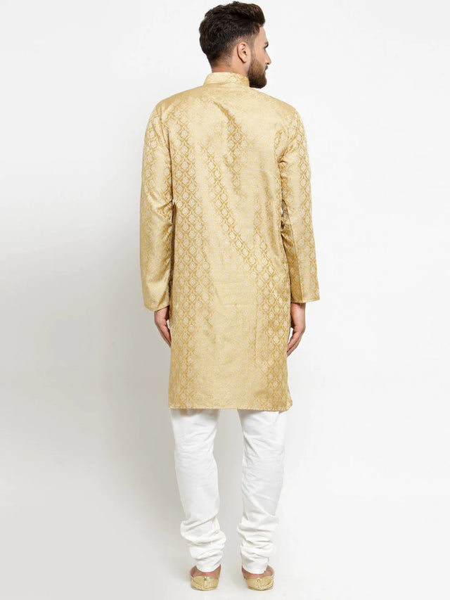 Men's Gold Jacquard Silk Woven Design Kurta Set