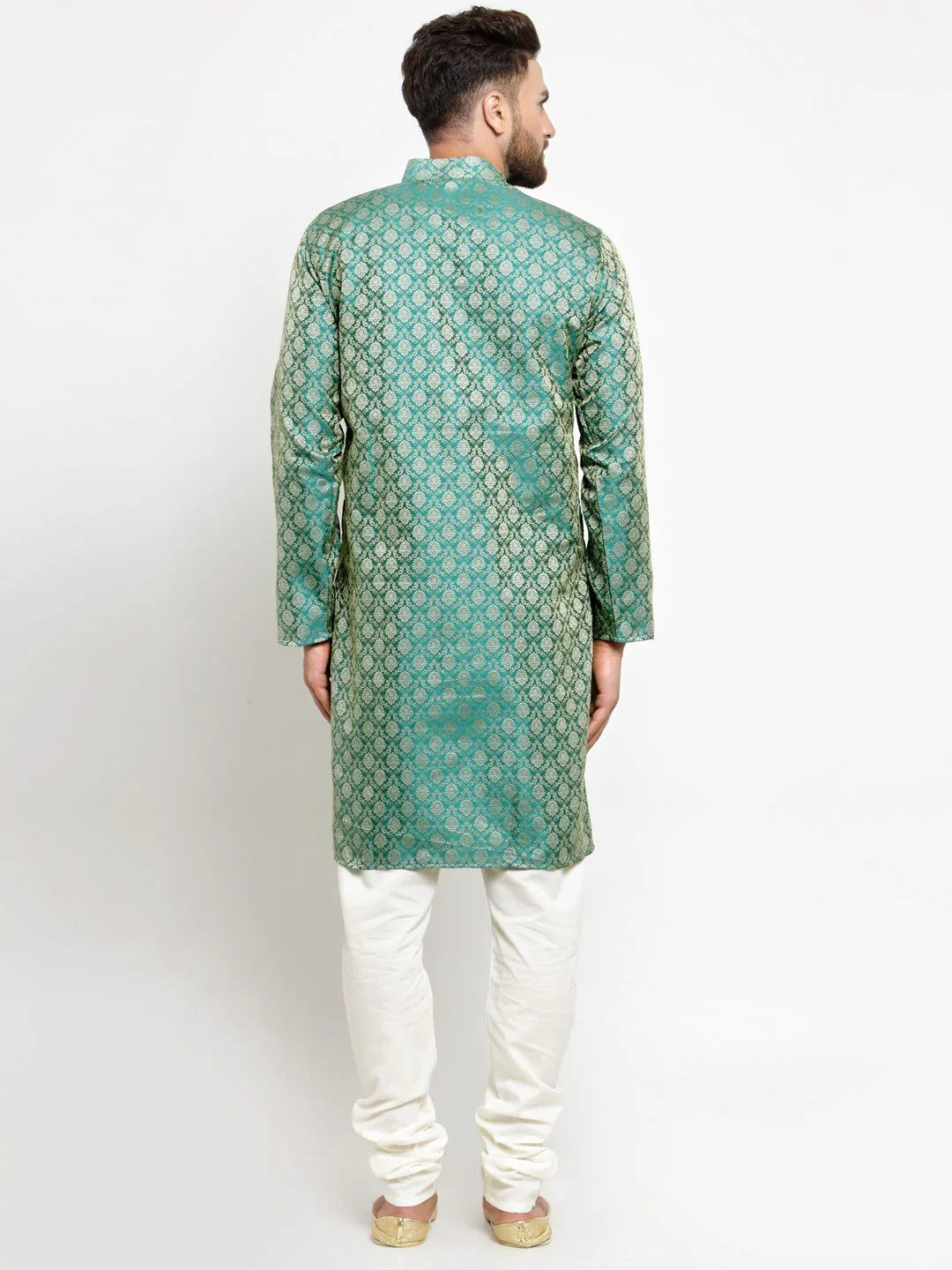 Men's Green & Beige Jacquard Silk Woven Design Kurta Set