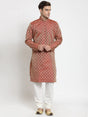 Men Red & Beige Self Design Kurta with Churidar - Jompers