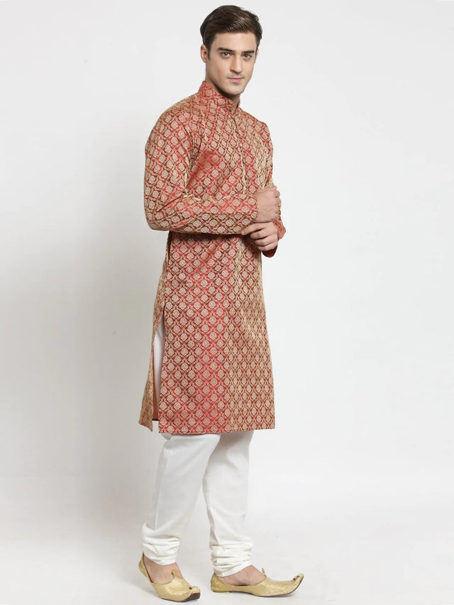 Men's Red Jacquard Silk Woven Design Kurta Set