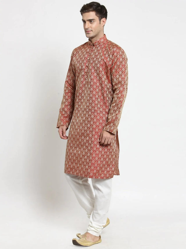 Men's Red Jacquard Silk Woven Design Kurta Set