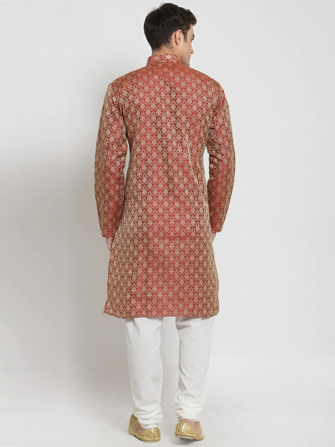 Men's Red Jacquard Silk Woven Design Kurta Top