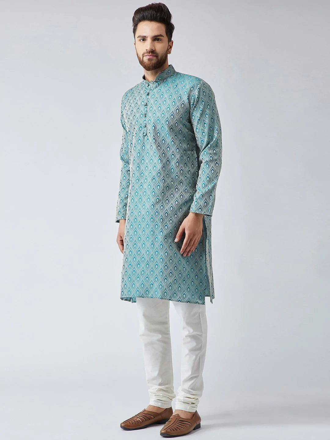 Men's Green Jacquard Silk Woven Design Kurta Top