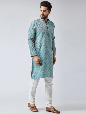 Men's Green Jacquard Silk Woven Design Kurta Top