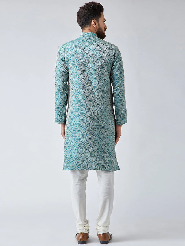 Men's Green Jacquard Silk Woven Design Kurta Top