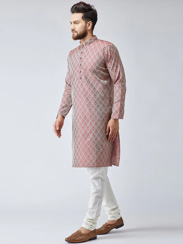 Men's Maroon Jacquard Silk Woven Design Kurta Set