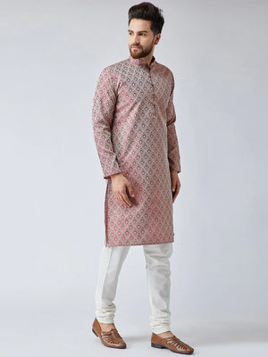 Men's Maroon Jacquard Silk Woven Design Kurta Top
