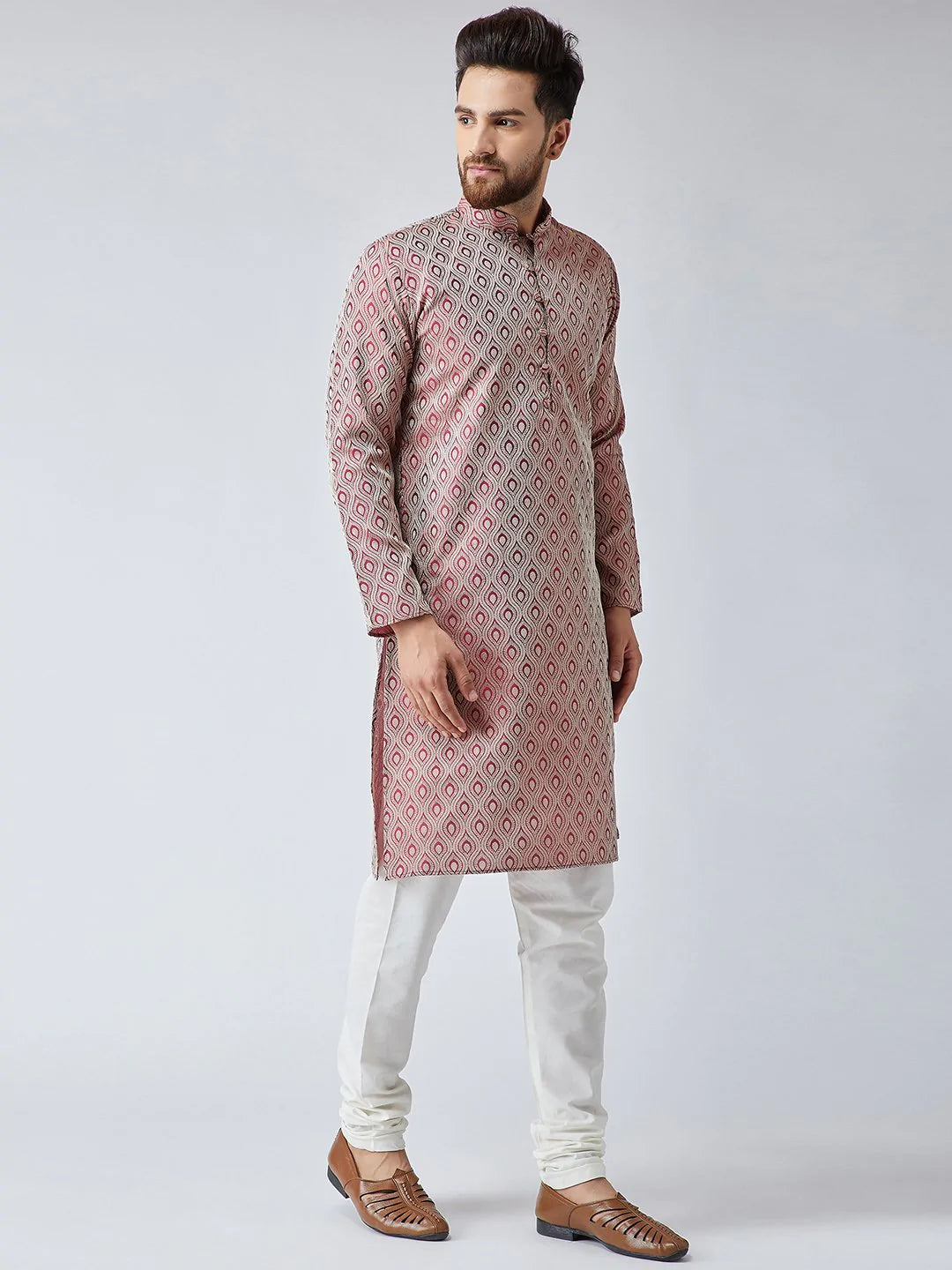 Men's Maroon Jacquard Silk Woven Design Kurta Set