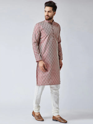 Men's Maroon Jacquard Silk Woven Design Kurta Set
