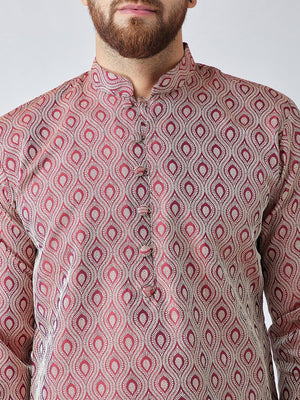 Men's Maroon Jacquard Silk Woven Design Kurta Set