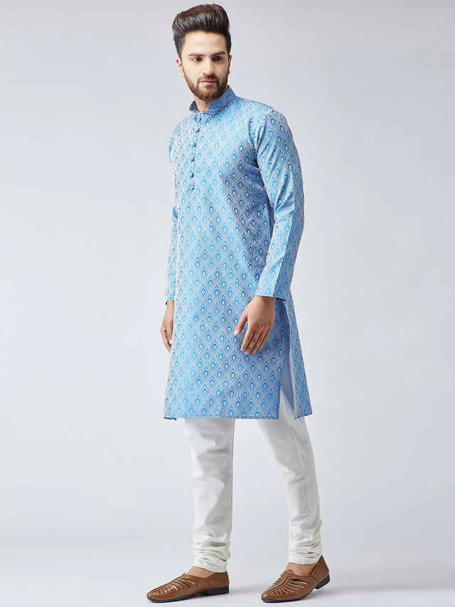 Men's Blue Jacquard Silk Woven Design Kurta Set (JOKP_569Sky)
