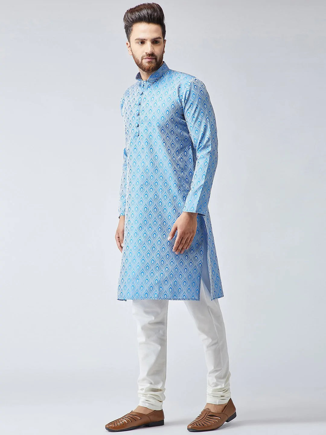Men's Blue Jacquard Silk Woven Design Kurta Top