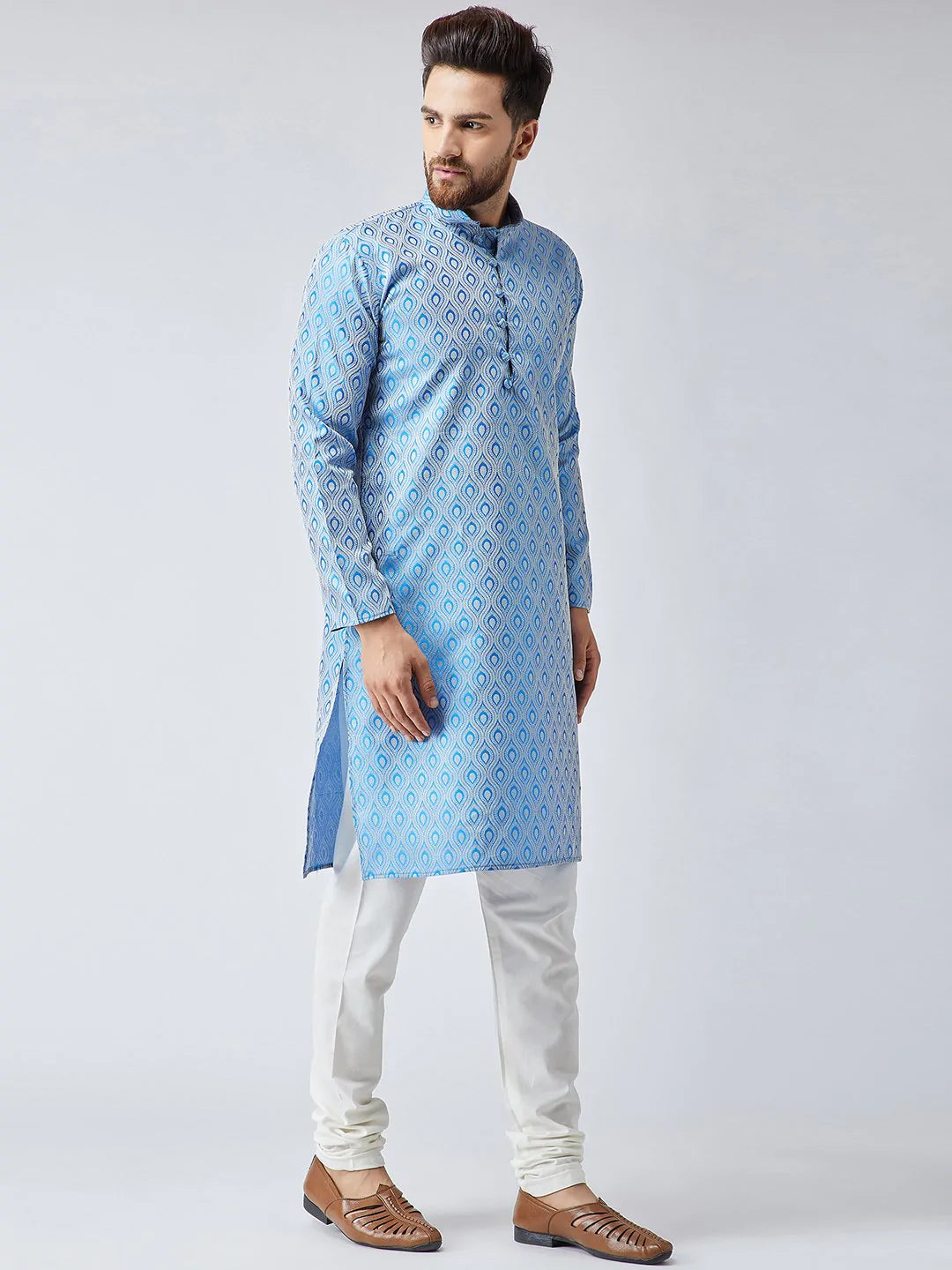 Men's Blue Jacquard Silk Woven Design Kurta Set (JOKP_569Sky)