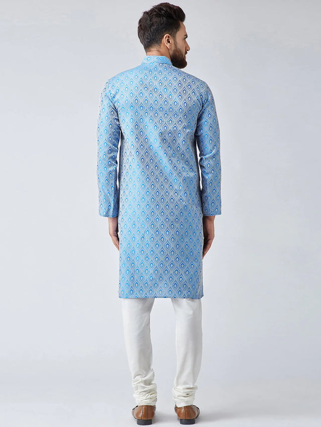 Men's Blue Jacquard Silk Woven Design Kurta Set (JOKP_569Sky)