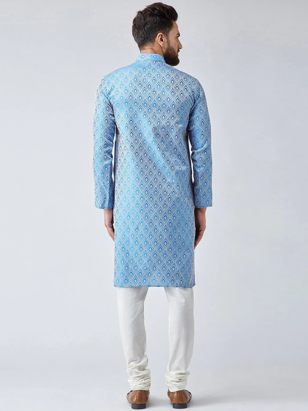 Men's Blue Jacquard Silk Woven Design Kurta Top