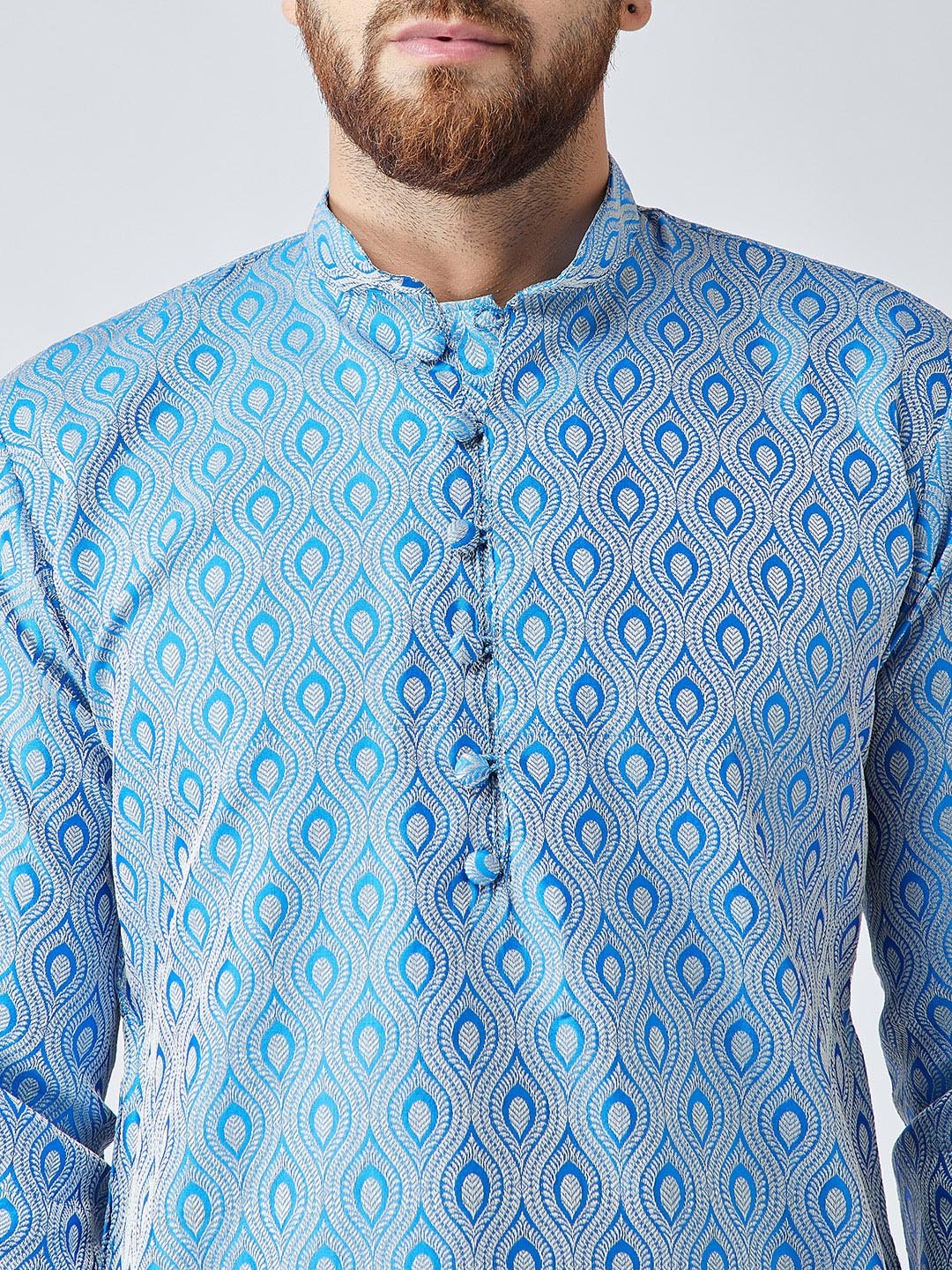 Men's Blue Jacquard Silk Woven Design Kurta Set (JOKP_569Sky)