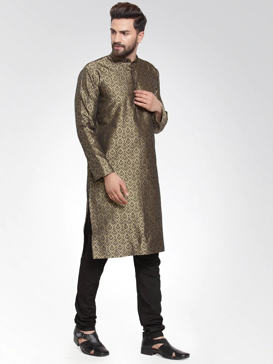 Men's Gold Jacquard Silk Woven Design Kurta Top