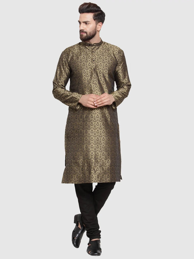 Men's Gold Jacquard Silk Woven Design Kurta Top