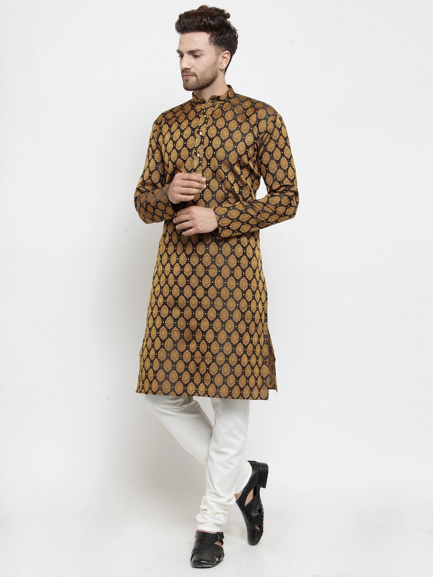 Men's Black Jacquard Woven Kurta Set