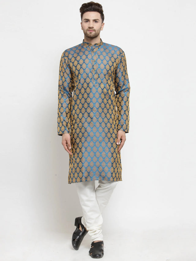 Men's Blue Jacquard Woven Kurta Set