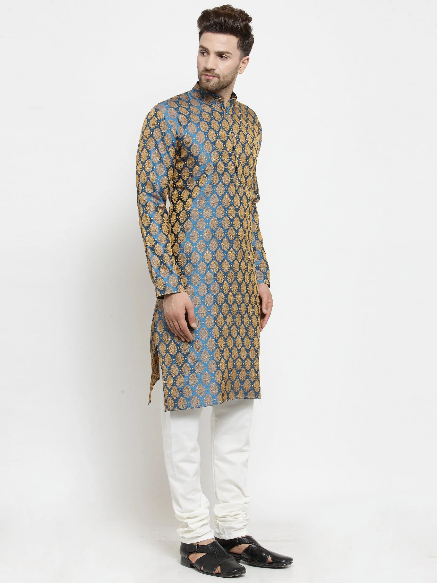 Men's Blue Jacquard Woven Kurta Set