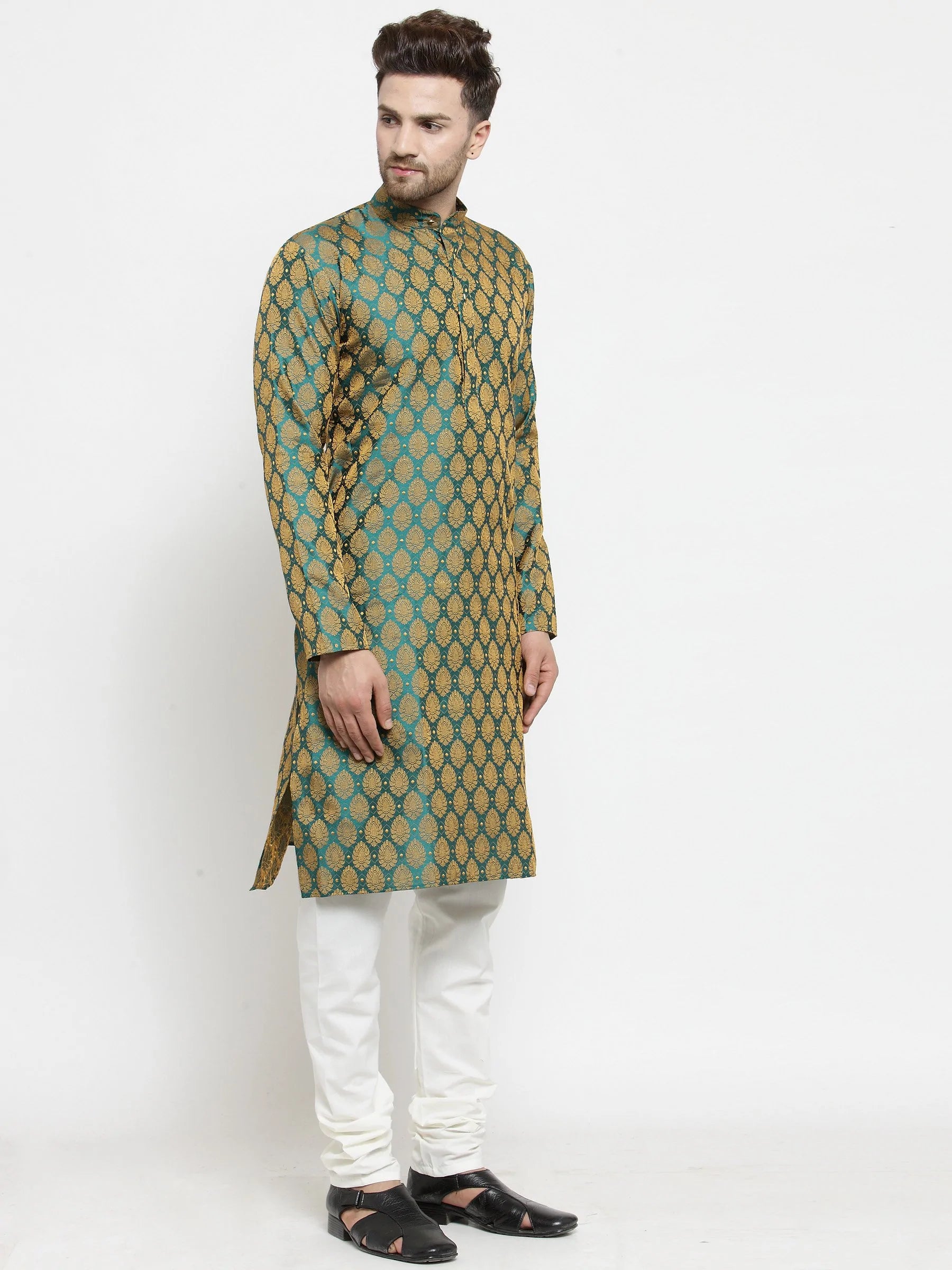 Men's Green Jacquard Woven Kurta Top