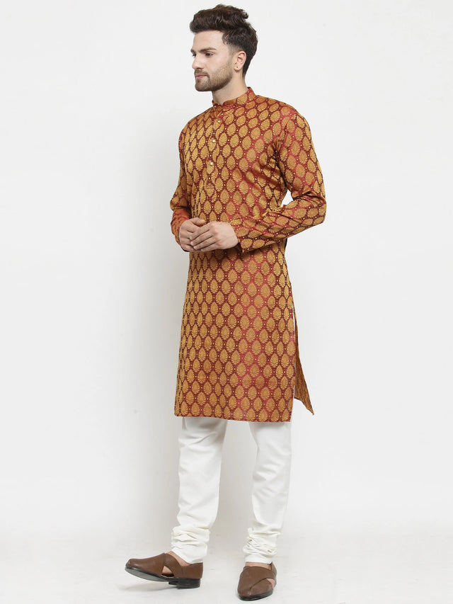 Men's Maroon Jacquard Woven Kurta Set