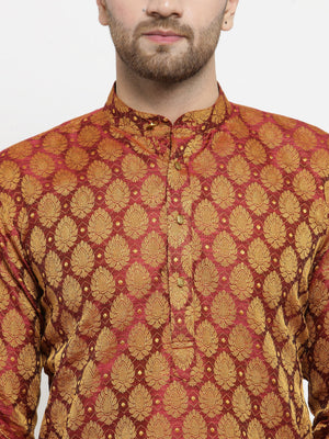 Men's Maroon Jacquard Woven Kurta Set