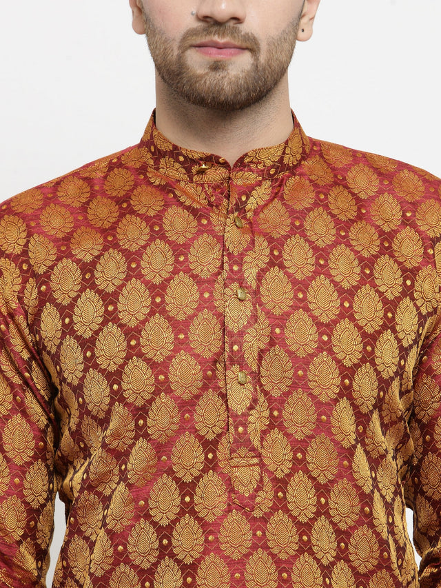 Men's Maroon Jacquard Woven Kurta Set
