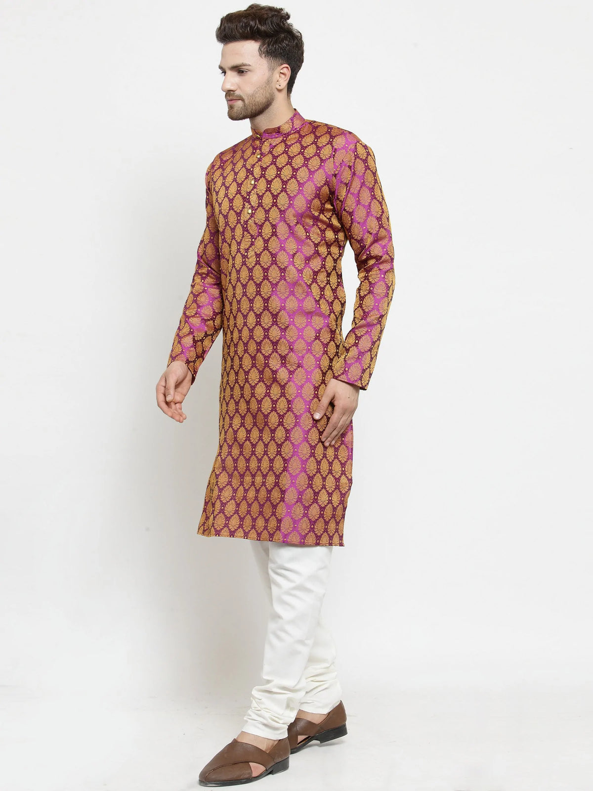 Men's Pink Jacquard Woven Kurta Set (JOKP_586Pink)